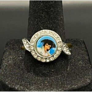 Vintage Antique Estate Silver Tone Rhinestone Elvis Presley Ring - Size 9